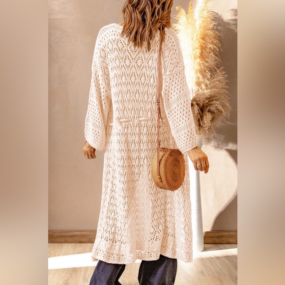 Boutique Brand Open Knit Tie Front Drop Shoulder Cardigan Duster Apricot 💗 - Picture 9 of 12